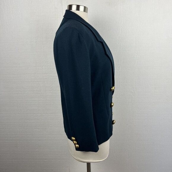 Ellen Tracy Blazer 6 Womens Petite Green Gold Buttons Double Breasted Vintage - Picture 2 of 12